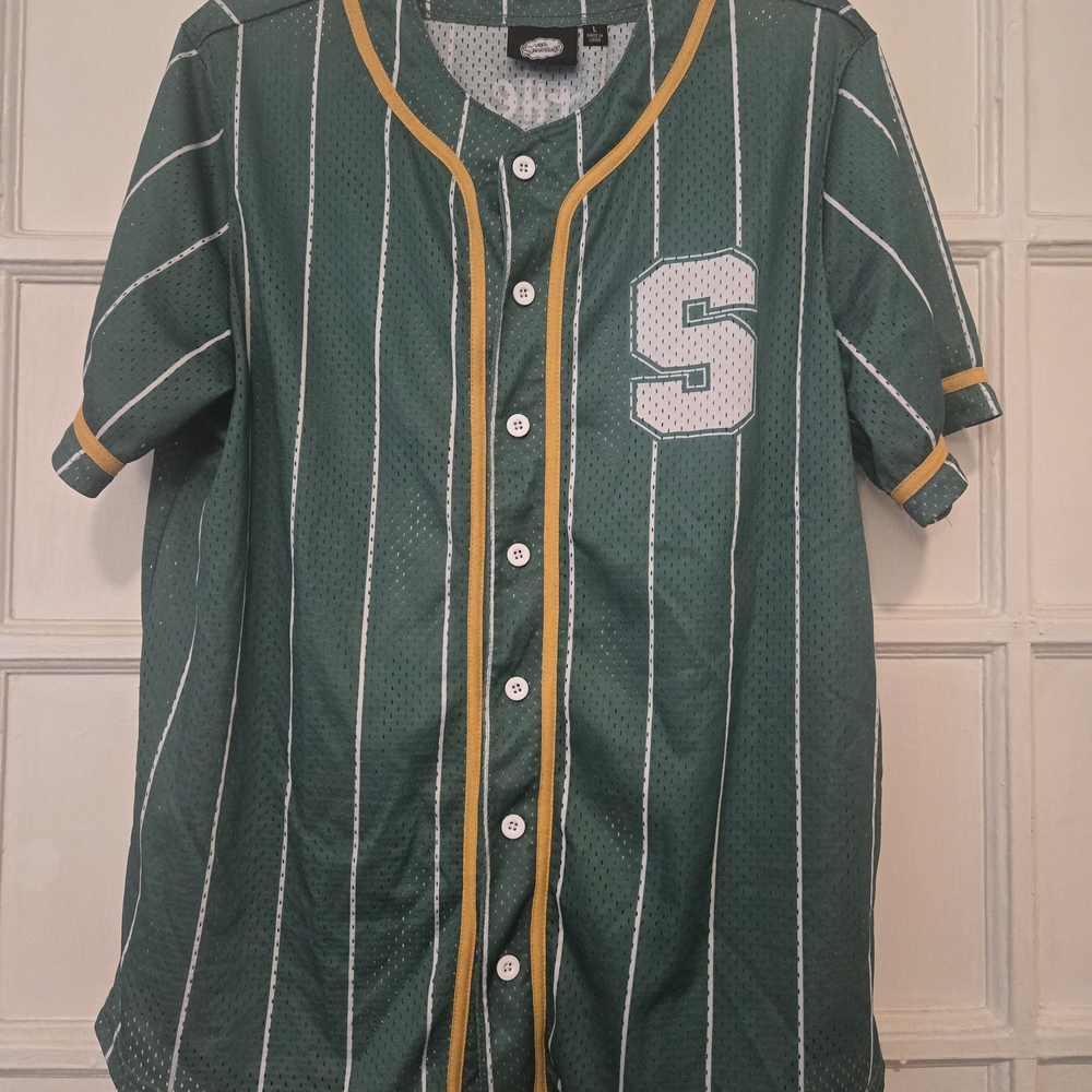 Men's Green Striped Button-Up Jersey